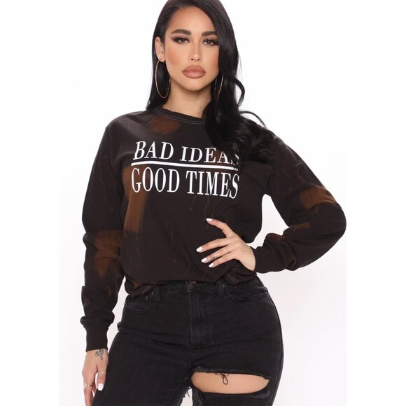 Fashion Nova ✦ Bad Ideas Good Times Long Sleeve ✦ Black Brown Washed Graphic M - Picture 1 of 3